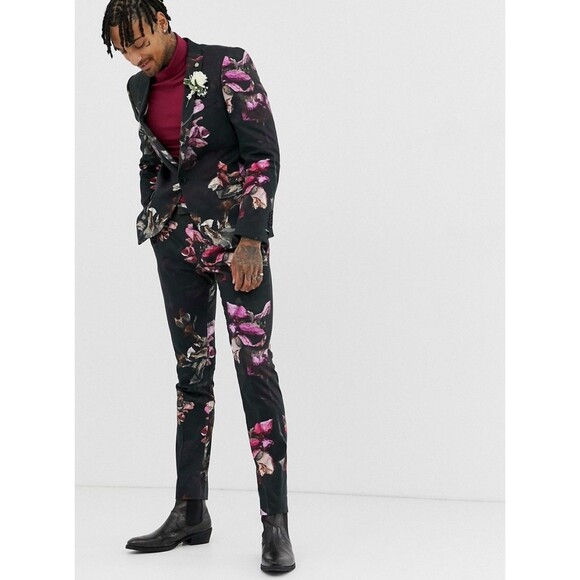 Twisted Tailor Suit Blazer Jacket and Pants Men 38R BLK Floral - Picture 1 of 8